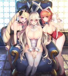 2023 3girls alternate_costume animal_ears arm_support armchair armpits ass bangs bare_arms bare_shoulders bare_thighs bent_over big_ass black_leotard black_pantyhose blonde_hair bow bowtie breasts brooch brown_eyes bunny_club bunny_ears bunny_girl bunny_tail bunnysuit chair cleavage collarbone corrin_(female)_(fire_emblem) corrin_(fire_emblem) corrin_(fire_emblem)_(female) detached_collar elise_(fire_emblem) fake_animal_ears fake_tail female female_only fire_emblem fire_emblem_fates grabbing grey_leotard grey_thighhighs hairband high_heels highres indoors inner_thighs jewelry kashiwamochi_yomogi large_breasts leaning_forward legs leotard light light_red_hair long_hair looking_at_viewer medium_breasts medium_hair multiple_girls nintendo own_hands_together pantyhose playboy_bunny pointy_ears purple_eyes rabbit_ears rabbit_tail red_eyes red_hair red_legwear sakura_(fire_emblem) shoulders siblings sideboob sisters sitting smile standing strapless strapless_leotard tail thighhighs thighs throne tiara twintails very_long_hair white_hair white_pantyhose window wrist_cuffs year_of_the_rabbit