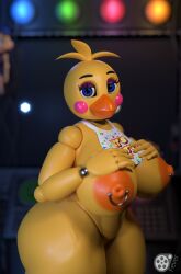 3d 3d_(artwork) animatronic avian background beak bib big_ass big_breasts blue_eyes blush eyebrows eyelashes feversfm five_nights_at_freddy's five_nights_at_freddy's_2 joints lights looking_at_viewer nipple_piercing nipples pierced_nipples piercing presenting pussy runaboo_chica solo thick thick_ass thick_thighs toy_chica_(fnaf) yellow_skin