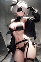 ai_generated bikini blindfold breast katana legwear nier:_automata shinshiai square_enix stable_diffusion thong_leotard underwear white_hair yorha_2b