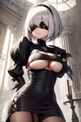 ai_generated blindfold breasts dress legwear nier:_automata shinshiai square_enix stable_diffusion thong_leotard underwear white_hair yorha_2b