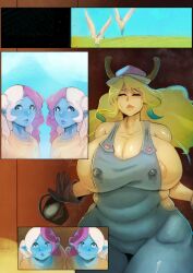 1girls 2boys big_breasts dragon_maid farmgirl leaking_milk milf older_woman_and_younger_boy original_character page_1 quetzalcoatl_(dragon_maid) thick_thighs zuel32