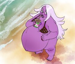 1girls amethyst_(steven_universe) beach belly big_belly big_breasts bikini breasts cleavage female glenngarth huge_belly huntermnsfw outie_navel pregnant purple_skin steven_universe white_hair