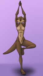 anthro body_hair breasts brown_body brown_fur casual_nudity closed_eyes countershading dizzyvixen feet female fur genitals happy_trail hi_res juniper_(dizzyvixen) mammal mustelid nipples nude on_one_leg otter paws pubes pussy simple_background slim small_breasts solo standing yoga