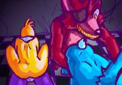 1girls 3boys ambiguous_penetration anal anthro anthro_on_anthro ass back background balls bib bisexual blue_body blue_fur bonnie_(fnaf) both_sexes_in_same_situation checkered_floor chicken eyepatch female femboy five_nights_at_freddy's five_nights_at_freddy's_2 fox foxy_(fnaf) gay high-angle_view implied_penetration just_a_lil_guy lying lying_on_back male male/female male/male predator/prey purple_body purple_fur rabbit rabbit_tail red_body red_fur riding straight tail tail_tuft toy_bonnie_(fnaf) toy_chica_(fnaf) two_tone_body two_tone_fur unseen_female_face unseen_male_face withered_bonnie withered_foxy yellow_body yellow_eyes yellow_fur yellow_teeth