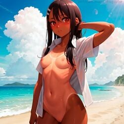 1girls ai_generated anime beach belly_button black_hair breasts brown_eyes fangs female female_focus female_only hayase_nagatoro manga nude_female please_don't_bully_me,_nagatoro pussy sangushe see-through shirt single_female solo suntan tan tan_skin tanline tanned uncensored vagina