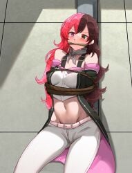 1girls bakasplilzy black_clothing black_neckwear blush blush_lines bound bound_arms brown_hair female navel neo_(rwby) pink_clothing pink_hair rope rwby tagme tagme_(artist) white_clothing