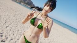 1girls alluring athletic_female beach bikini black_and_red_and_purple_hair breasts cleavage female female_abs female_only fit_female kitsune_marks kunimitsu_ii lavender_eyes mura_tpg namco ocean ponytail solo tekken tekken_8 wallpaper watermelon_bikini