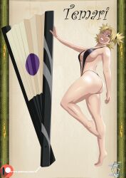 1girls bare_legs bare_shoulders barefoot big_ass breasts character_name fan female female_only folding_fan full_body grin holding_object huge_ass impossible_swimsuit karlen_vardanyan long_hair naruto naruto_(series) naruto_shippuden one-piece_swimsuit quadruple_penetration raised_leg sling_bikini slingshot_swimsuit smile solo solo_focus temari thick_thighs voluptuous