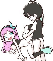 1boy 1girls aubrey_(omori) black_hair blue_eyes female furii_(artist) male omori penis pink_hair puyo_puyo_artstyle sunburn_(omori) sunny_(omori)