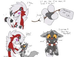 collar cum_in_toy dialogue duo english_text feral fluorings generation_3_pokemon generation_7_pokemon imminent_sex lycanroc male male/male midnight_lycanroc nintendo pokemon pokemon_(species) poochyena scared text yellow_eyes