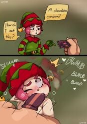 anniebs background blowjob blushed brawl_stars chocolate condom elf english_text female green_eyes instant_loss_2koma penny_(brawl_stars)