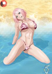 1girls abs arm_support bikini bob_cut boruto:_naruto_next_generations breasts cleavage facial_mark female female_only floral_print forehead_mark green_eyes karlen_vardanyan looking_at_viewer mature mature_female milf muscular muscular_female naruto naruto_(series) object_in_mouth ocean outdoors parted_bangs partially_submerged pink_hair sakura_haruno sand sea seaside shore shuriken sitting solo solo_focus swimsuit toned water weapon wide_hips