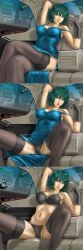 1girls black_sperm car cleavage doll dress female female_only fork fubuki_(one-punch_man) fully_clothed gloves legs_crossed one-punch_man short_hair solo stockings tatsumaki thighhighs toten_(artist) voodoo_doll