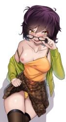 1girls black_hair breasts flashing glasses jacket_open messy_hair mole_under_eye nico-mo oc one_breast_out one_breast_out_of_clothes original panties skirt solo_female stockings tagme yellow_eyes