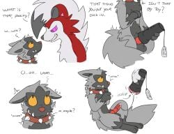 balls bodily_fluids collar cum cum_string duo feral fluorings generation_3_pokemon generation_7_pokemon genital_fluids genitals lycanroc male male/male midnight_lycanroc nintendo penis pokemon pokemon_(species) poochyena scared sex_toy sex_toy_penetration yellow_eyes