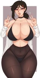 1girls asian asian_female big_breasts black_hair blush blush_lines blushing bra brown_eyes chainsaw_man choker cleavage cleavage_overflow curvaceous curvy curvy_body curvy_female curvy_figure deep_skin female female_focus female_only full_lips hair_clips hi_res higashiyama_kobeni high_resolution highres hourglass_figure huge_breasts large_breasts light-skinned_female light_skin looking_at_viewer mappa mole mole_under_eye mole_under_mouth overflowing_breasts panties pantyhose peace_sign see_through_clothing shirt_down shounen_jump skindentation small_waist solo solo_female solo_focus spookiebuni thick_thighs thighs voluptuous voluptuous_female wide_hips