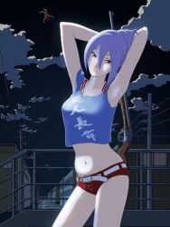 armpits arms_up benten_(uchouten_kazoku) crop_top female female_only full_body gun hair_between_eyes hotpants looking_at_viewer night official_alternate_costume outside purple_eyes purple_hair revealing_clothes rifle short_shorts shorts smile solo uchouten_kazoku updo weapon