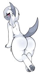 absol anthro ass blush clawed_fingers female grey_body hair koivyx looking_at_viewer looking_back nintendo nude nude_female paws pokemon pokemon_(species) presenting_hindquarters red_eyes solo squish tail thick_ass thick_thighs white_background white_body white_hair