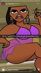 1girls accurate_art_style background bbw big_ass big_breasts big_butt black_hair bubble_ass bubble_butt busty cartoon_network chubby dark-skinned_female dark_skin female female_only huge_ass instagram instagram_story jk94 large_ass leshawna_(tdi) nightwear selfie solo thick_thighs total_drama_(series) total_drama_island