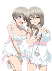 2girls absurdres ai_assisted ai_upscaled apron armpits blue_eyes breasts cleavage closed_eyes female_focus frills grey_hair hair_ornament highres holding holding_ladle ladle large_breasts long_hair looking_at_viewer mother_and_daughter multiple_girls naked_apron oerba_yun_fang official_art open_mouth sandals short_hair simple_background smile uzaki-chan_wa_asobitai! uzaki_hana uzaki_tsuki