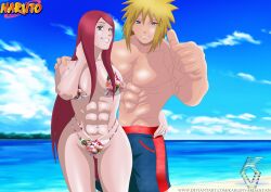 1boy1girl abs beach bikini blue_eyes breasts couple grin husband_and_wife karlen_vardanyan long_hair looking_at_viewer male/female muscular muscular_female muscular_male namikaze_minato naruto naruto_(series) naruto_shippuden ocean outdoors purple_eyes sand seaside shirtless shirtless_(male) smile swimsuit swimwear thumbs_up toned uzumaki_kushina very_long_hair water wide_hips