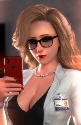 1girls 3d angela_ziegler big_breasts blizzard_entertainment blonde_hair blue_eyes breasts cellphone cleavage close-up doctor eye_chart glasses id_card kachigachi labcoat long_hair looking_at_viewer mercy overwatch selfie skirt wide_hips