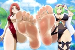 2girls accessory bathing_suit big_breasts black_bikini brandish_mew fairy_tail feet feet_together female female_focus female_only females_only flare_corona foot_fetish foot_focus green_eyes green_hair half_dressed half_naked light-skinned_female long_hair looking_down multiple_girls nude nude_female oppai presenting_feet red_bikini red_eyes red_hair short_hair sky smiling soles sunglasses sunglasses_on_head thick thick_thighs toes zorzero