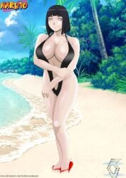 beach big_breasts black_hair blunt_bangs bob_cut boruto:_naruto_next_generations breasts female female_only flip_flops footwear full_body huge_breasts hyuuga_hinata impossible_swimsuit karlen_vardanyan lavender_eyes looking_at_viewer mature mature_female milf naked_footwear naruto naruto_(series) ocean one-piece_swimsuit revealing_swimsuit sand sandals sea seaside short_hair sling_bikini slingshot_swimsuit solo solo_focus voluptuous walking water