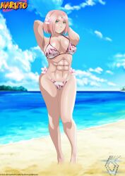 1girls abs arms_behind_head bare_legs bare_shoulders bikini bob_cut boruto:_naruto_next_generations breasts cleavage facial_mark female female_only floral_print forehead_mark green_eyes karlen_vardanyan looking_at_viewer mature mature_female midriff milf muscular muscular_female naruto naruto_(series) ocean outdoors parted_bangs pink_hair sakura_haruno sand sea seaside solo solo_focus standing swimsuit toned water wide_hips