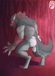 3_fingers anthro ass balls brawlhalla canid canine canis claws digital_media_(artwork) digitigrade fingers fur genitals glowing glowing_eyes grey_body grey_fur hair hi_res male mammal mordex_(brawlhalla) muscular muscular_anthro muscular_male nude red_background seasonalfungi simple_background solo teeth teeth_showing were werecanid werecanine werewolf wolf