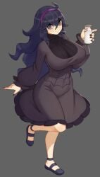 1girls big_breasts breasts dress female female_only flowerpigeon73 grey_background hex_maniac light-skinned_female light_skin long_hair moomoo_milk nintendo pokemon purple_eyes purple_hair purple_nails shoes solo solo_female swirly_eyes