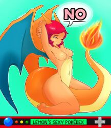 2d anthro belly_button breasts charizard female female_focus female_only green_background horns lemoncore nintendo nipples nude orange_body pokémon_(species) pokedex pokemon pokemon_(species) pokemorph red_hair small_breasts tail text text_bubble thick_thighs wings yellow_nipples