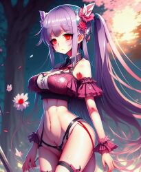 1girls ai_generated blue_background breasts female flower purple_hair red_eyes stomach string tagme thighs