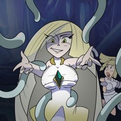 2girls arms_held_up big_breasts blonde_hair bondage daughter eyelashes green_eyes green_gem grin hoodie lillie_(pokemon) long_hair lusamine_(pokemon) meme mother mother_and_daughter my_little_pogchamp_(meme) nihilego nipple_bulge pokemon pokemon_sm ponytail short_skirt skidmarc25 sleeveless_dress tear tentacle tentacle_grab very_long_hair white_dress yellow_nails