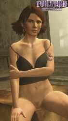 3d blue_eyes brassiere ear_ring female foulveins meryl_silverburgh metal_gear_solid pubic_hair red_hair smile tattoo watermark