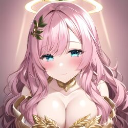 1girls ai_generated athena athenaidol big_breasts blue_eyes blush bra cute female goddess gold_bra gold_jewelry pale_skin pink_hair smile turquoise_eyes virtual_youtuber vtuber