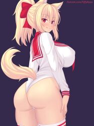 1girls ass big_ass blonde_hair breasts bubble_ass bubble_butt cat_ears cat_eyes cat_girl cat_tail catgirl female huge_ass huge_breasts leotard long_hair ponytail red_eyes school_uniform schoolgirl tail tiffy tiffynyaa tongue tongue_out wedgie