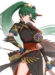 1girls absurdres alternate_costume arm_sleeves arrow_(projectile) bow_(weapon) breasts clothing commentary dress earrings feather_hair_ornament feathers female female_only fingerless_gloves fire_emblem fire_emblem:_the_blazing_blade fire_emblem_heroes gloves gonzarez green_eyes green_hair hair_ornament hand_on_hip highres huge_breasts jewelry long_hair looking_at_viewer lyn_(fire_emblem) official_alternate_costume ponytail quiver simple_background smile solo thighs upper_body weapon white_background