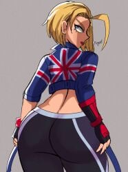 1girls ass big_ass blonde_hair blue_eyes blush cammy_white capcom female female_only fully_clothed light-skinned_female rear_view regentb01 solo street_fighter street_fighter_6 thick_thighs wide_hips