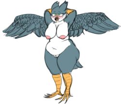 ahe_gao anthro ass avian belly big_breasts big_butt bird blush breasts curvy_figure falcon falconid feathers female genitals green_eyes grey_body grey_feathers hands_behind_head looking_pleasured nipples nude overweight overweight_anthro overweight_female peregrine_falcon pussy smits128 solo tail_feathers talons thick_thighs white_belly wings yaj