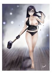 asian asian_female beauty_mark black_hair breasts eyewear feet female glasses kurita light-skinned_female light_skin long_hair minakata_hizuru mole mole_under_mouth nipples summertime_render toes violet_eyes