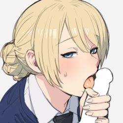 blonde_hair blue_eyes blush braid censored darjeeling fellatio female girls_und_panzer handjob highres looking_at_viewer onsen_tamago_(hs_egg) oral penis short_hair solo_focus sweat tongue