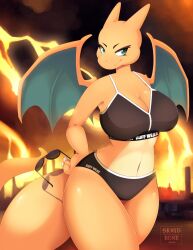 2d anthro bare_shoulders breasts charizard detailed_background dragon dragon_girl female female_anthro female_focus female_only female_pokemon horns large_breasts long_eyelashes orange_body pokémon_(species) pokemon pokemon_(species) pokemorph skwidbone smile tail thick_thighs wings