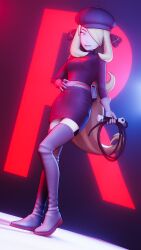 3d 3d_(artwork) amateurthrowaway blonde_hair boots cynthia_(pokemon) dominatrix enemy_conversion femdom gloves hand_on_hip hat hourglass_figure nintendo pokemon pokemon_dppt purple_boots smile team_rocket team_rocket_(cosplay) team_rocket_uniform thigh_boots whip