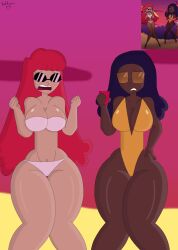 2girls ass_visible_through_thighs background_character beach big_breasts bikini curves curvy curvy_hips dark-skinned_female dark_blue_hair dark_skin helluva_boss huge_breasts large_breasts medium_hair multiple_girls red_hair sunglasses sunset swimwear teddisin tinted_eyewear