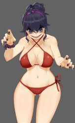 bikini bikini_bottom bikini_top breasts cleavage flowerpigeon73 gray_background grey_background hex_maniac nintendo painted_nails pale_skin pokemon purple_eyes purple_hair red_bikini red_swimsuit tagme