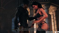 1boy 1girls 3d beeg3d black_hair black_penis choker couple dark-skinned_male dark_skin english_text female hand_on_penis huge_cock interracial light-skinned_female lingerie male open_mouth purple_eyes the_witcher_(series) the_witcher_3:_wild_hunt yennefer