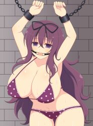 1girls armpits arms_up bangs bikini brick_wall chains cleavage collarbone crossed_bangs female frills gag hair_between_eyes hair_ornament huge_breasts ichiryuu_tsumiki light-skinned_female light_skin looking_at_viewer midriff murasaki_(senran_kagura) navel polka_dot_bikini purple_hair ribbon ring_gag senran_kagura sidelocks simple_background solo standing sweat thigh_gap tied_up very_long_hair wall