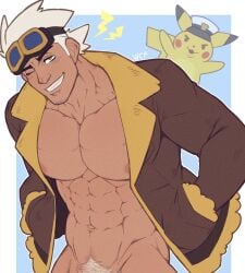 1boy 1pokemon 2023 abs bara brown_eyes bush captain_pikachu cropped cropped_image cum cumming cumshot digital_media_(artwork) exposed_nipples goggles goggles_on_head hairless long_hair looking_at_viewer male male_focus male_only masturbation muscles muscular muscular_male nude open_jacket pikachu pokemon pokemon_(anime) pokemon_(species) pokemon_horizons pokemon_professor ponytail professor_friede pubes pubic_hair smile smiling smiling_at_viewer smooth_skin solo tan-skinned_male tan_skin white_hair wink winking winking_at_viewer wolf_con_f yellow_eyes