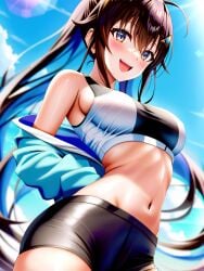 ai_generated arms_behind_back brown_hair hair_between_eyes hair_ornament hololive navel open_jacket sideboob smile sport_shorts tank_top tokino_sora virtual_youtuber yo_dayo_(ai)